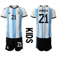 Camiseta Argentina Paulo Dybala #21 Primera Equipación para niños Mundial 2022 manga corta (+ pantalones cortos)